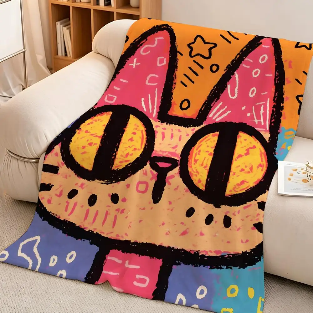 Art Graffiti Style Cat Throw Hot High-Density Short Plush Blanket Soft Skin-Friendly for Sofa Nap Air-Conditioned Room