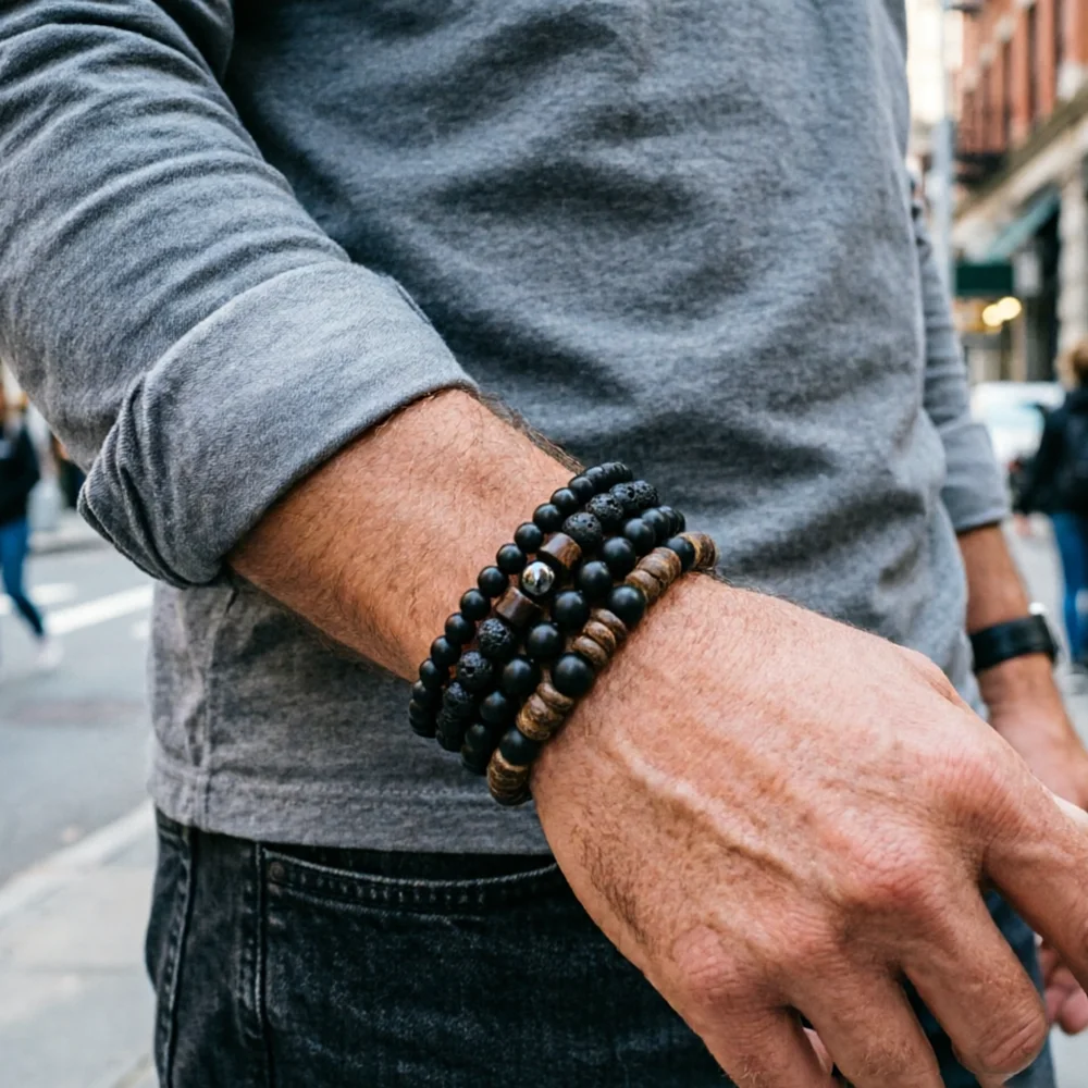 Unique 4Pcs/Set Natural Black Stone Bracelet Men Lava Matte Obsidian Beads Healing Energy Braslet Yoga Casual Homme Jewelry