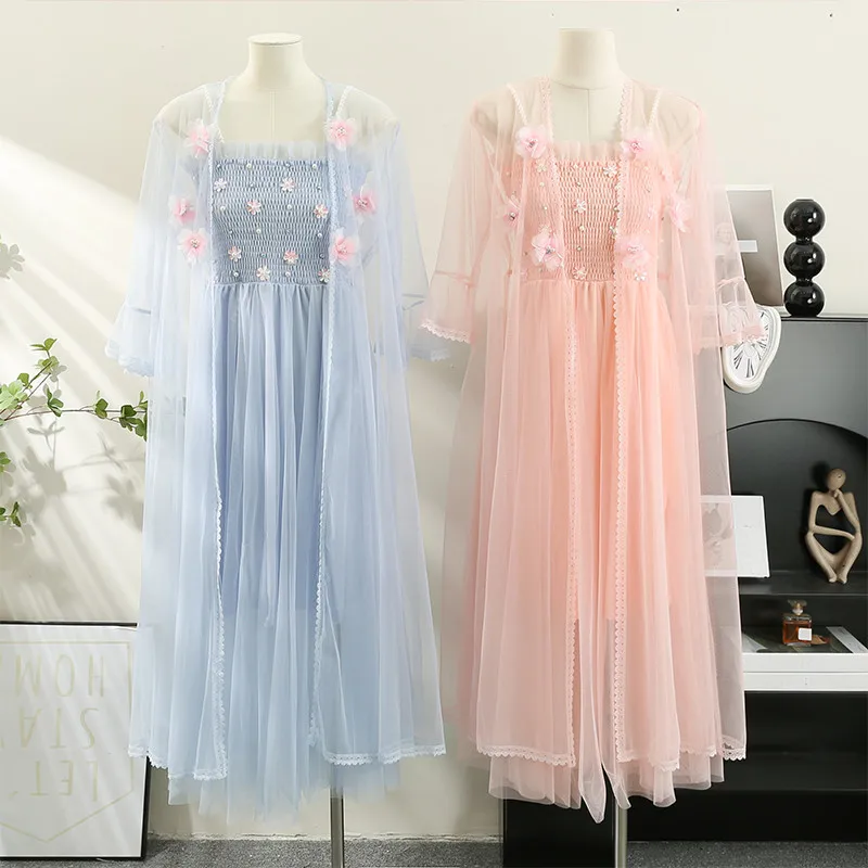 

Комплект из двух предметов: женский кардиган с бантом и кружевом + платье на бретельках с цветочным узором и бисером, весна-осень, длинное платье для женщин