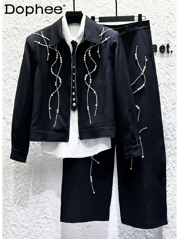 

2025 Fashion Heavy Embroidery Pearl Black Lapel Jacket Set Handsome Boy Korean Version Loose Casual Wide-Leg Pants