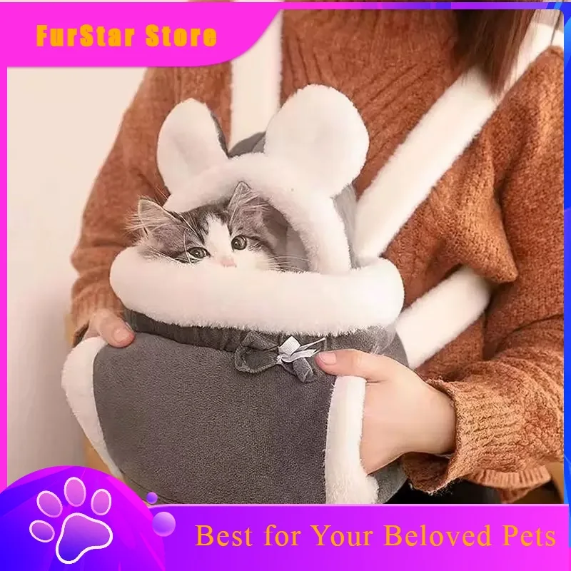 FurStarFleece-Lined Winter Warm Front-Facing Cat Dog Carrier Backpack, Portable Double Shoulder Chest Pet Outing Bag For Small P