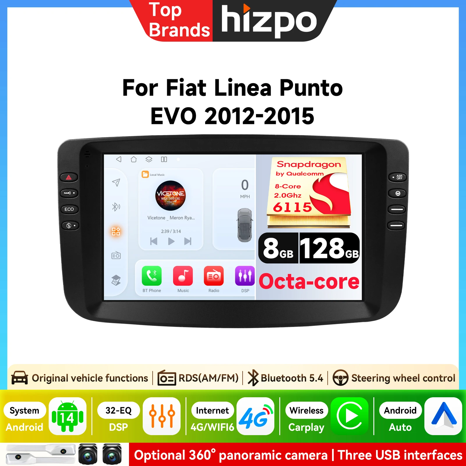 Hizpo 9'' Carplay Android Auto Autoradio Wireless per Fiat Linea Punto EVO 2012-2015 2Din Stereo Lettore Multimediale GPS