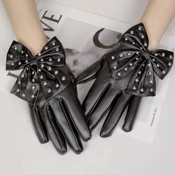 Fashion Women Punk Rock Rivet Bow Full Finger Synthetic Leather Gloves For Sports Fitness Nonslip Cycling Motorcycle Mittens S85