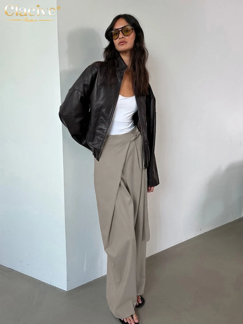 

Clacive Fashion Loose Khaki Women Pants 2026 Spring High Waist Wide Pants Lady Elegant Classic Solid Trousers Female Streetwear