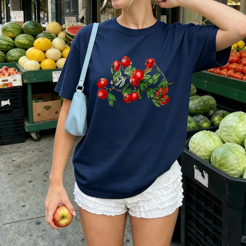 Vintage Botanical Branch with Bright Red Berries and Green Leaves Sketch Print Women Cotton Tee Nature Gardening Minimalist Tees