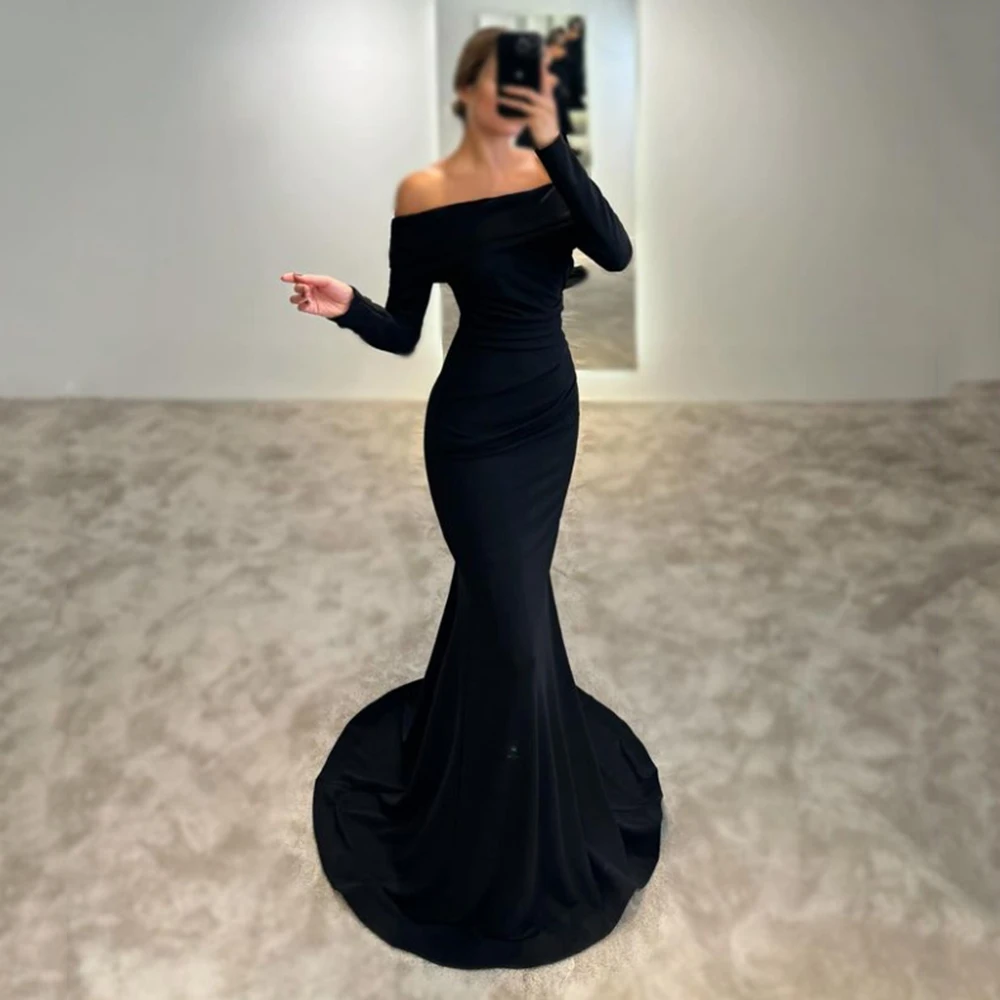 

Customized Yipeisha Luxury New Black Jersey Mermaid Evening Dresses Strapless Full Sleeves With Sweep Train Floor Length Long Pa