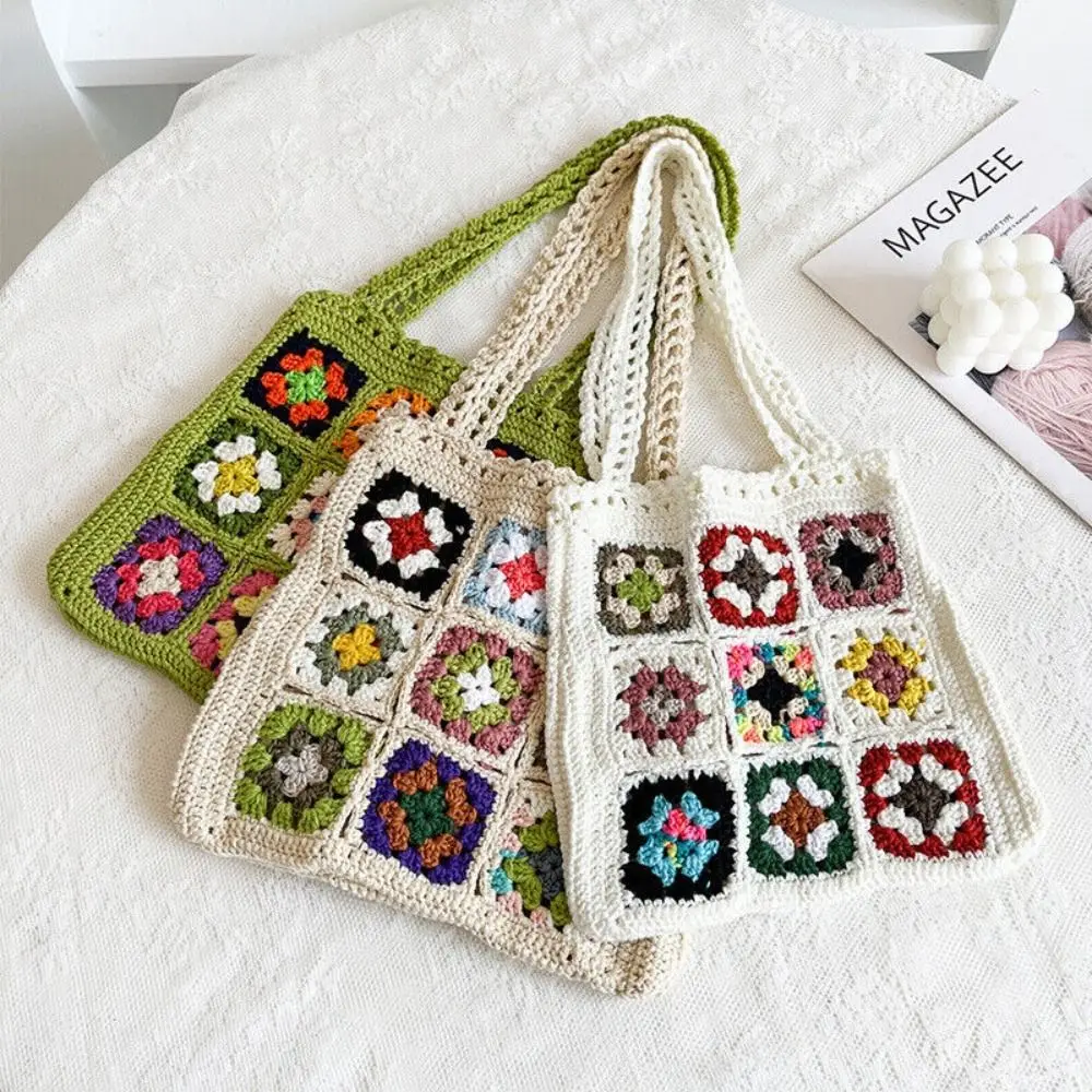 Handmade Crochet Weaving Grandmother Grid Shoulder Bag Leisure Mixed Color Flower Block Fashion Shoulder Bag