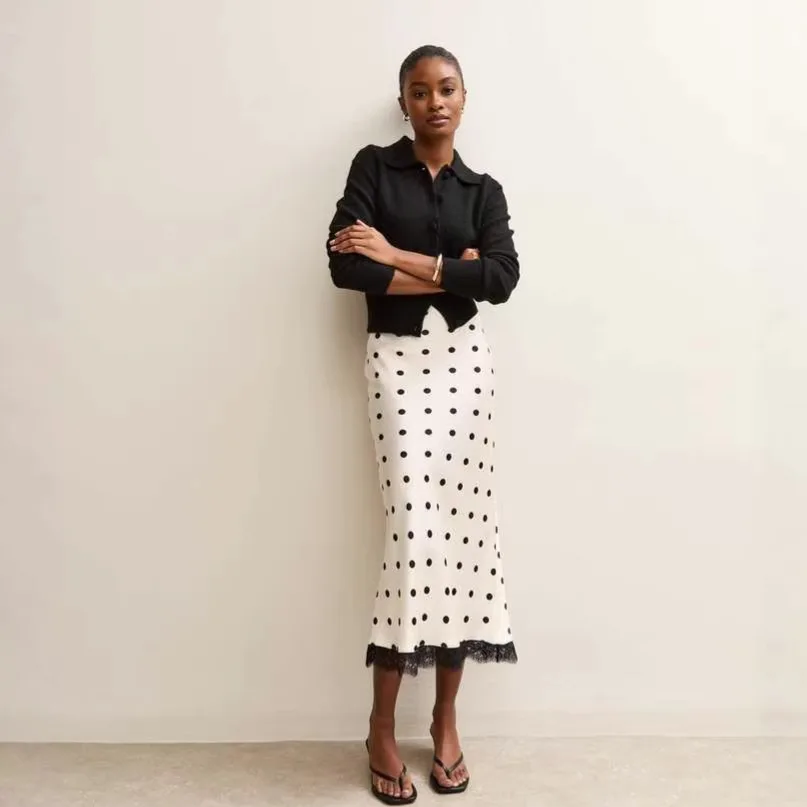 Women Polka Dot Satin Lace Skirt Silk Lace Trim Long Skirts Vintage Y2k Going Out A Line Slip Underskirt Elegant Lady Streetwear