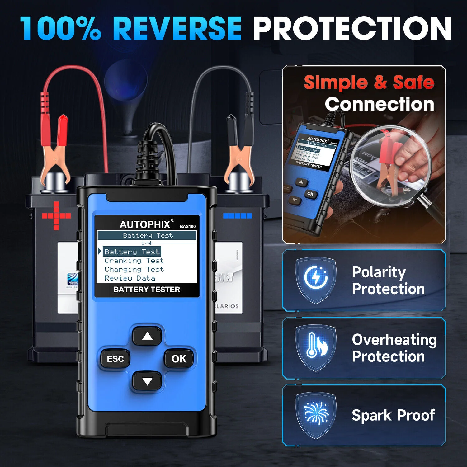 AUTOPHIX BAS100 Car Battery Tester 12V 24V Alternator Charging Cranking System Analyzer Load Tester Charging System Analyzer