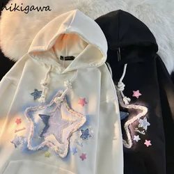 Japanese Hoodie Women Star Embroidery Streetwear Casual Oversized Tops Clothes for Teens Harajuku Hooded Fashion Y2k Sweatshirts