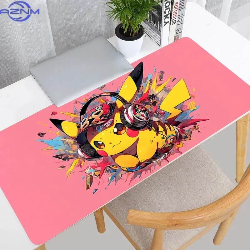 Large Extended Mousepad, Summer Courtyard Scene Cute Yellow Cartoon Creature Eating Watermelon Desk Mat, Rubber Non-Slip Base, W