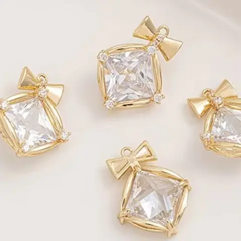 

14K Gold-plated Bow Pendant with Heart-shaped Rectangular Zircon - Jewelry Set for Necklace Bracelet Earrings