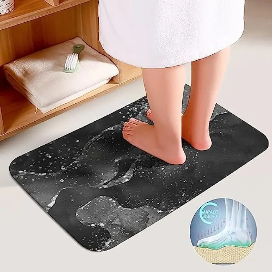 Bathroom Rugs Set 3 Piece Black Silver Gorgeous Marble Bath Rug Mat Set, Non Slip Absorbent Bathroom Decor Mat