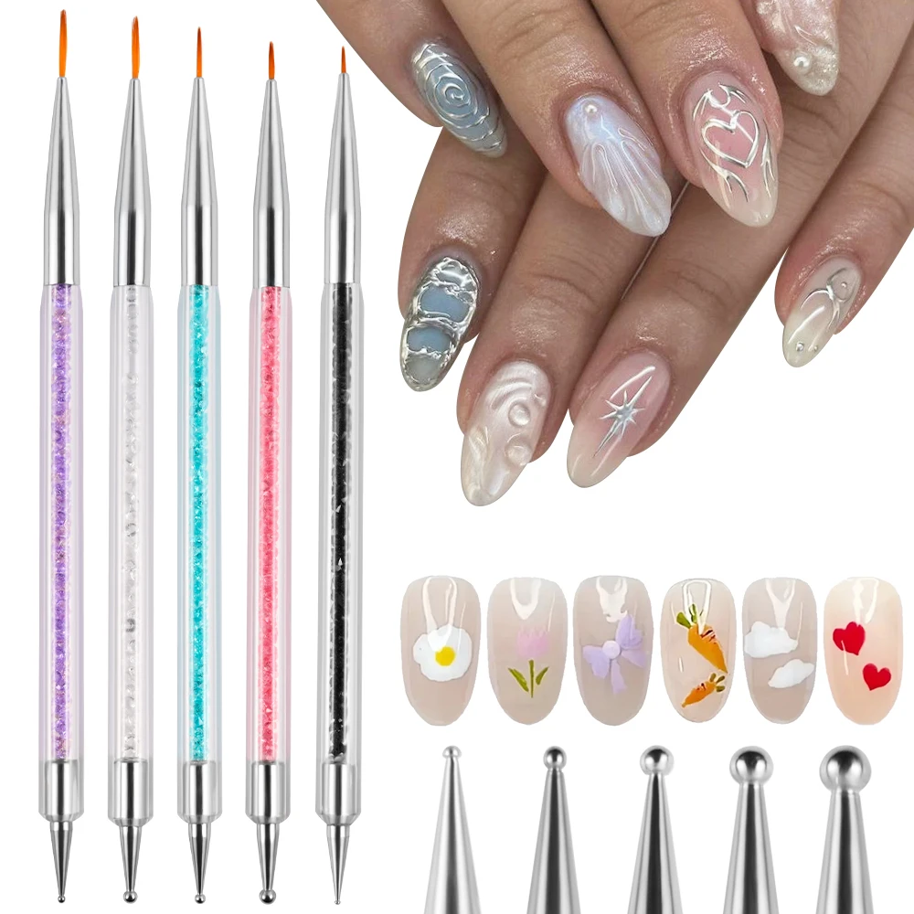 5PCS Double-End Nail Design Brushes Dotting Pen,Multifunctional Liner Brush for Nails Gel Polish Painting Brush for Ombre Nails