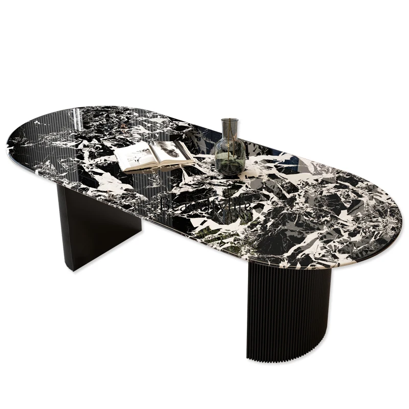 

Black luxury stone dining table high-end small apartment Italian light luxury natural marble rectangular dining table