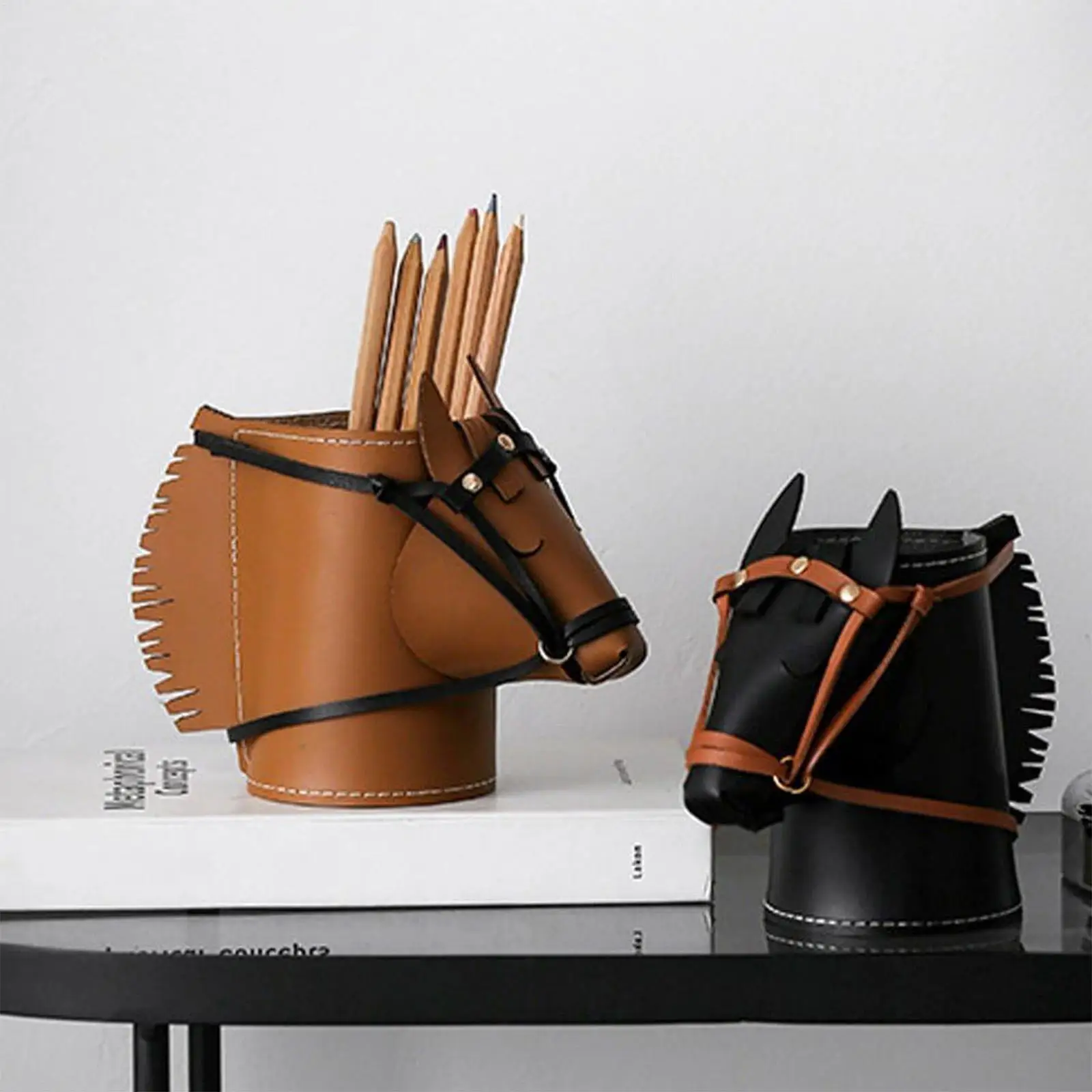 Office Pencil Holder PU Leather Horse Head Makeup Brush Storage Large Capacity Pencil Holder For Home School Office Classroom