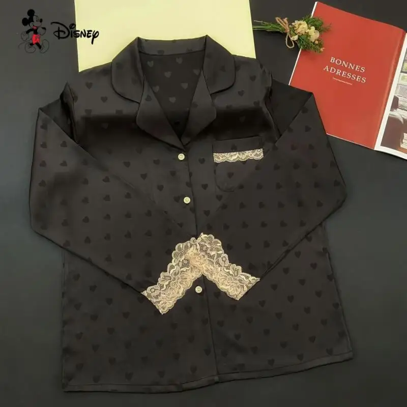 Mädchen New Love Jacquard Eisseide Langarm-Pyjama-Set Kawaii Damen High-End-Cardigan Spitzenhose Home Wear Zweiteiliges Set