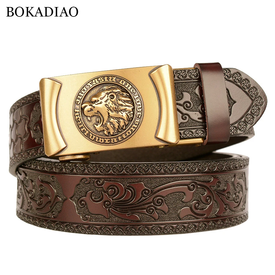 

BOKADIAO Men Genuine Leather Belt Luxury Gold Lion Metal Automatic Buckle Cowhide Belts for Men Jeans Waistband Male Strap Black