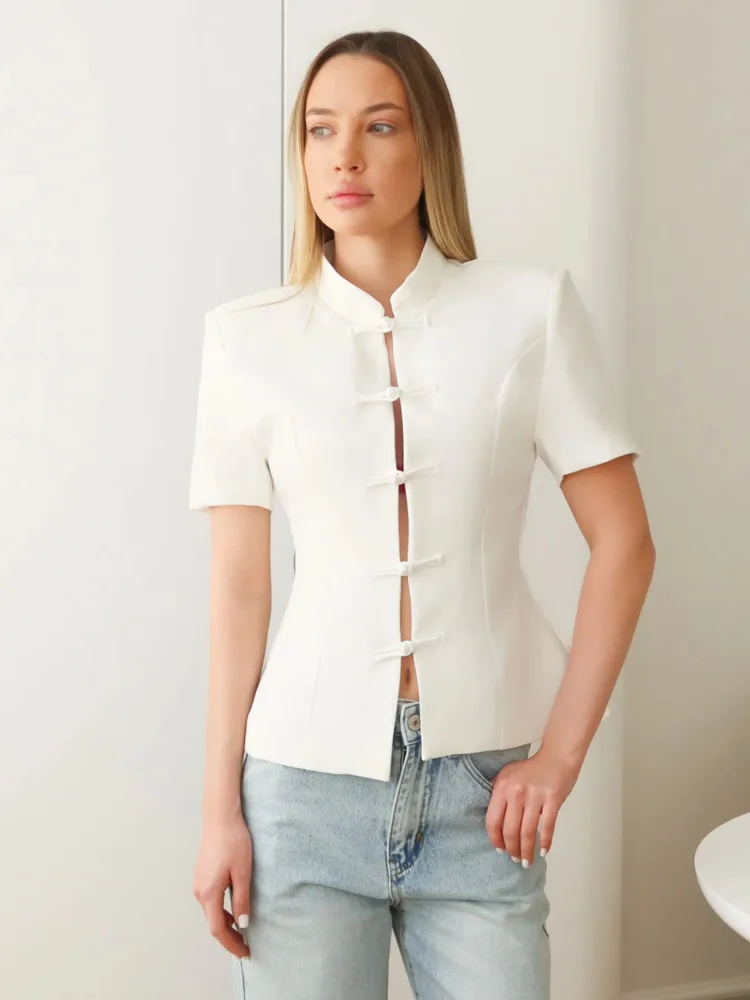 

DFDG Women 2026 Spring Mandarin Collar Blazer Top Frog Button Detail Short Sleeve Qipao Style Office Casual Slim Fit Blouse Top