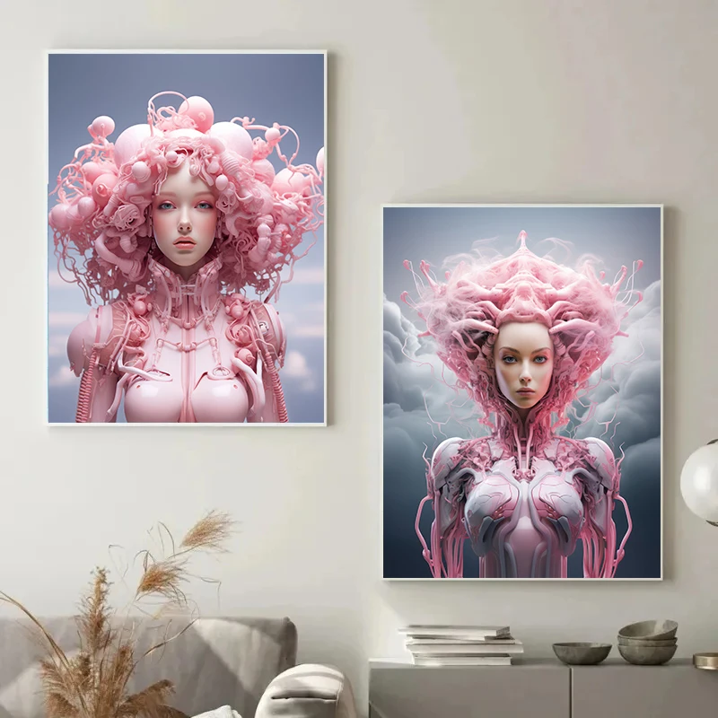 Pink Robot Girl Futuristic Sci Fi Posters and Prints Canvas Printing Modern Wall Art Picture for Living Room Home Decoration