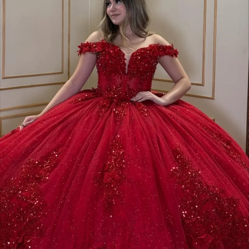 

Блестящее красное платье Quinceanera с открытыми плечами и кристаллами 3D цветок, блестящая наклейка, длинный хвост, платья de 15, Quinceanera ﻿ Индивидуальный