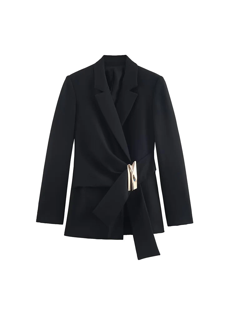

European-style new women's fashionable and versatile elegant lapel suit jacket with shoulder pads and buckle details.
