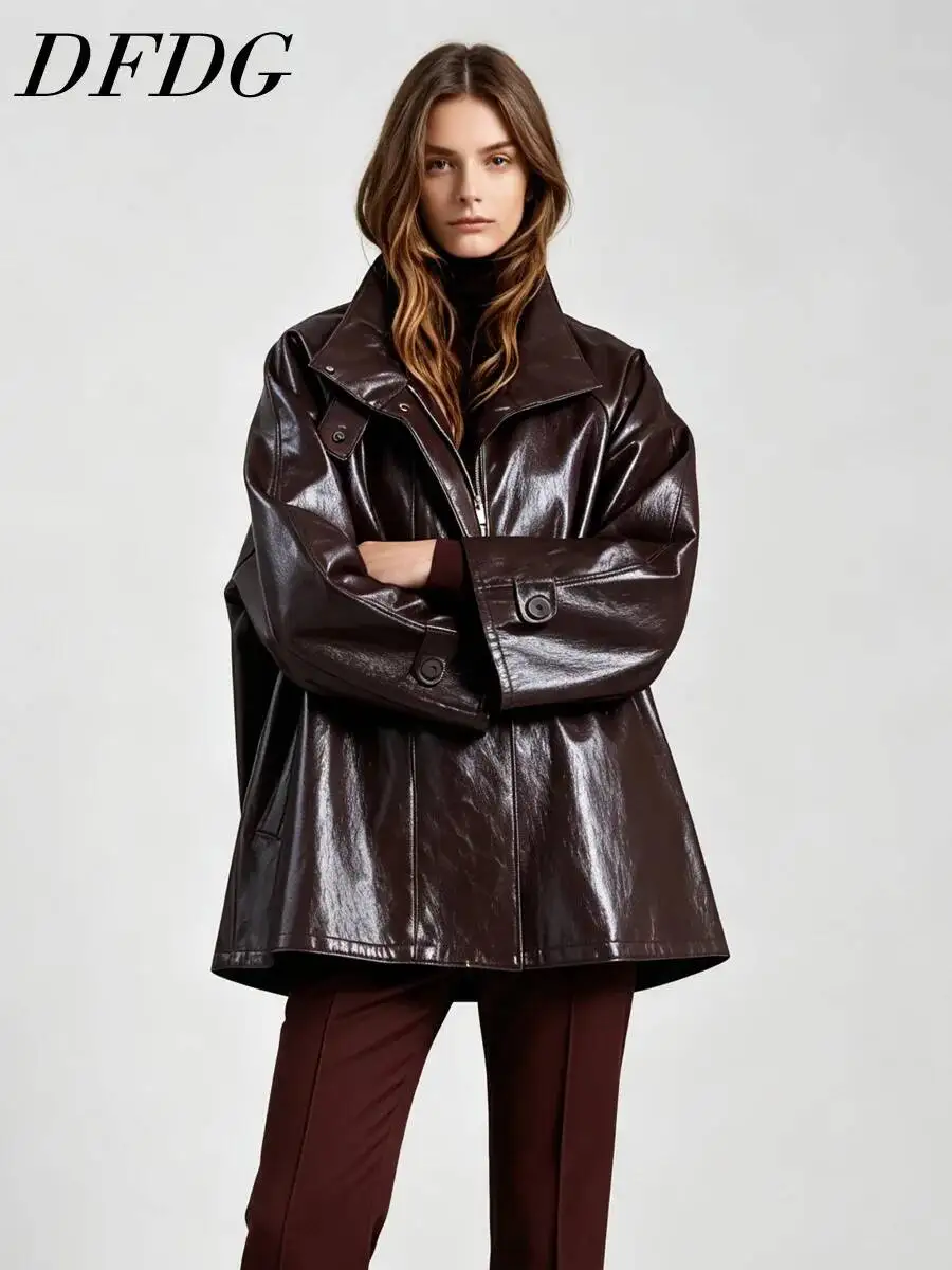 DFDG Women 2026 Spring Autumn Glossy Faux Leather Trench Coat Wide Lapel Drop Shoulder Oversized Mid Length Loose Vintage Jacket