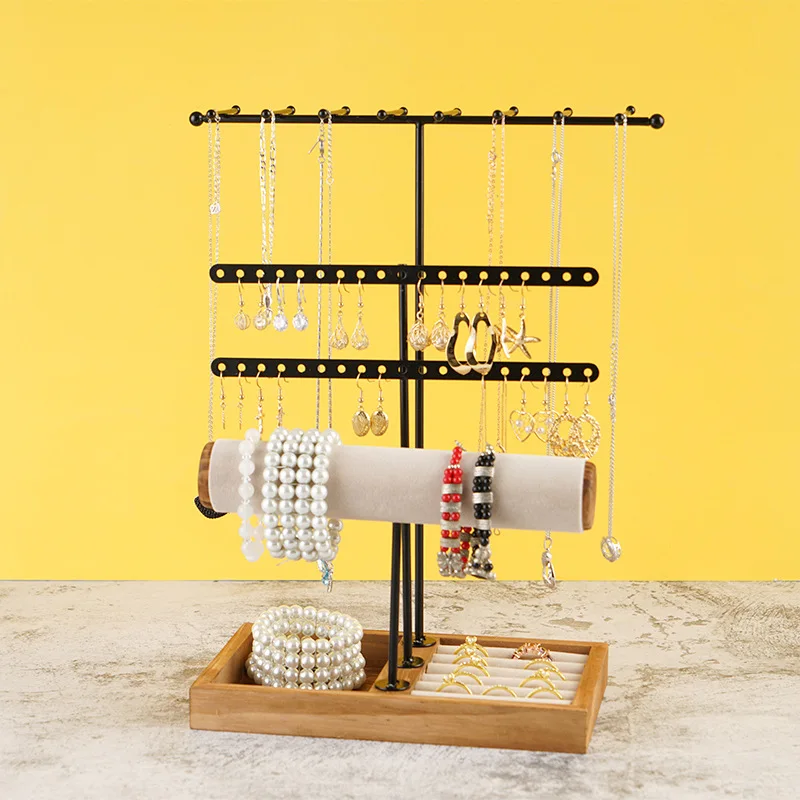 Fashion jewelry display set made of wood and Iron easy assemble table top jewellery finishing organizer earring necklace rack