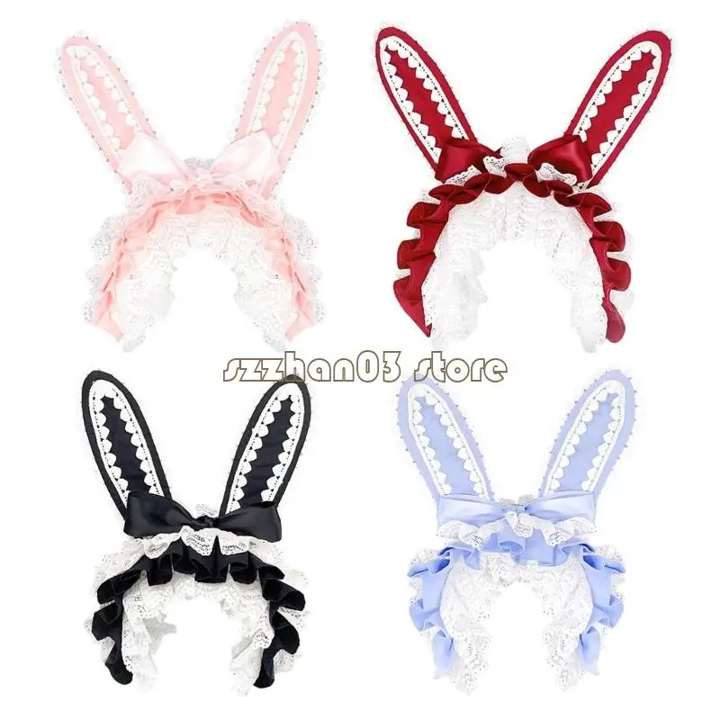 

367C милые повязки на голову с кроличьими ушками и кружевным бантом для женщин и девочек, модные аксессуары для косплея, обруч