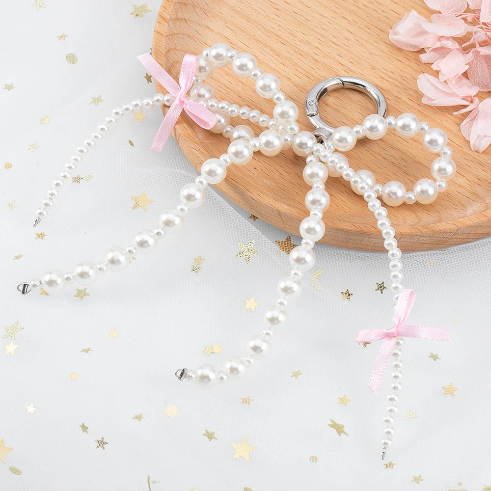 1pc Butterfly Knot Keyrings Bowknot Keychain Pearls Beaded Bow Bag Charm Decoration Phone Strap Girl Cellphone Lanyard Keyring