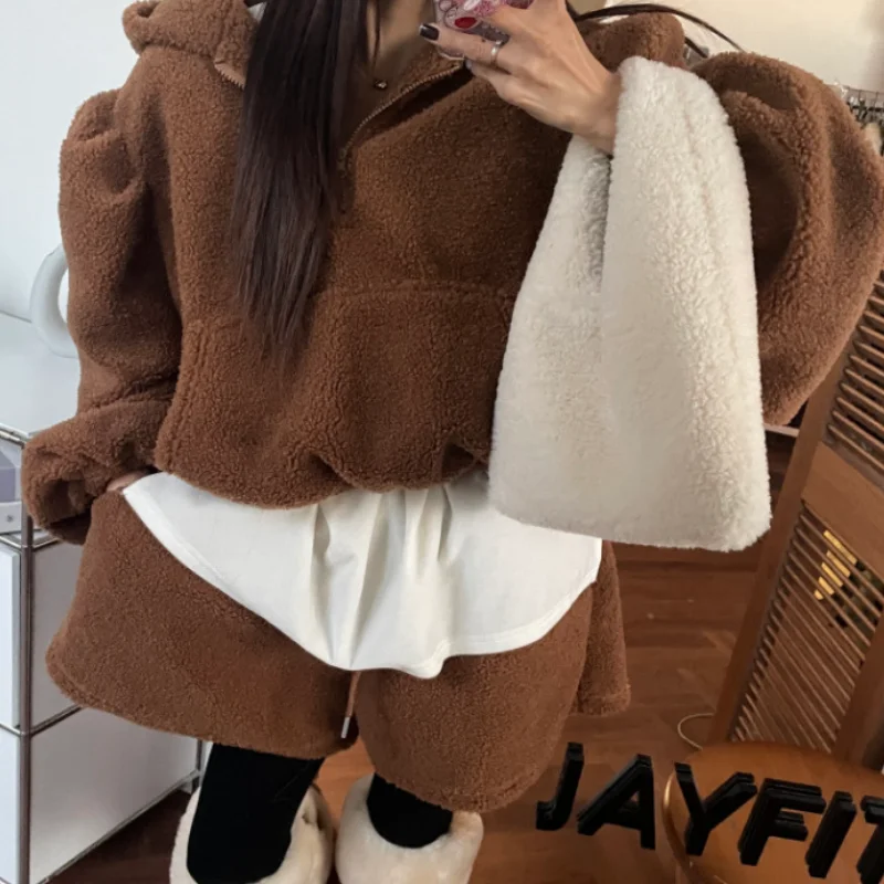 

Warm Lamb Fur Hooded Jaet Elastic Waist Dstring orts 2-Piece Set Korean Sle Women's Clothing Spring Autumn Winter
