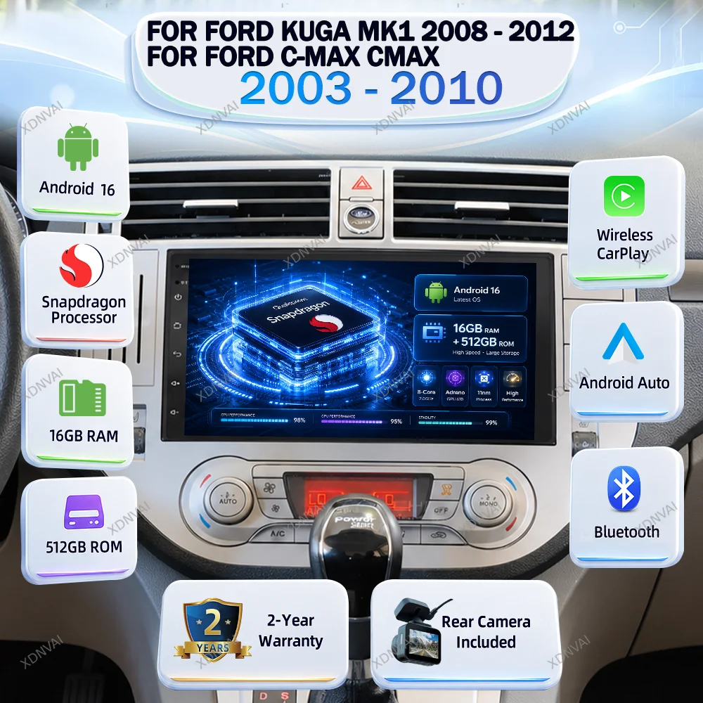 Android 16 For Ford Kuga MK1 2008 - 2012 For Ford C-MAX CMAX 2003 - 2010 Video Player Navigation Multimedia GPS Car Radio BT DSP