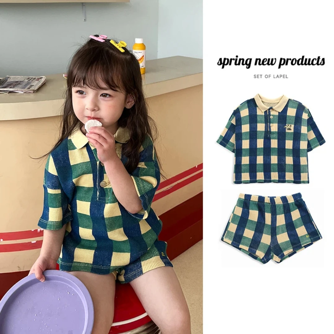Sweet And Cute Summer Girls Korean Ins Style Waffle Polo Top T Shirt Shorts Set For Kids Leisure Exercise Childrens Clothing