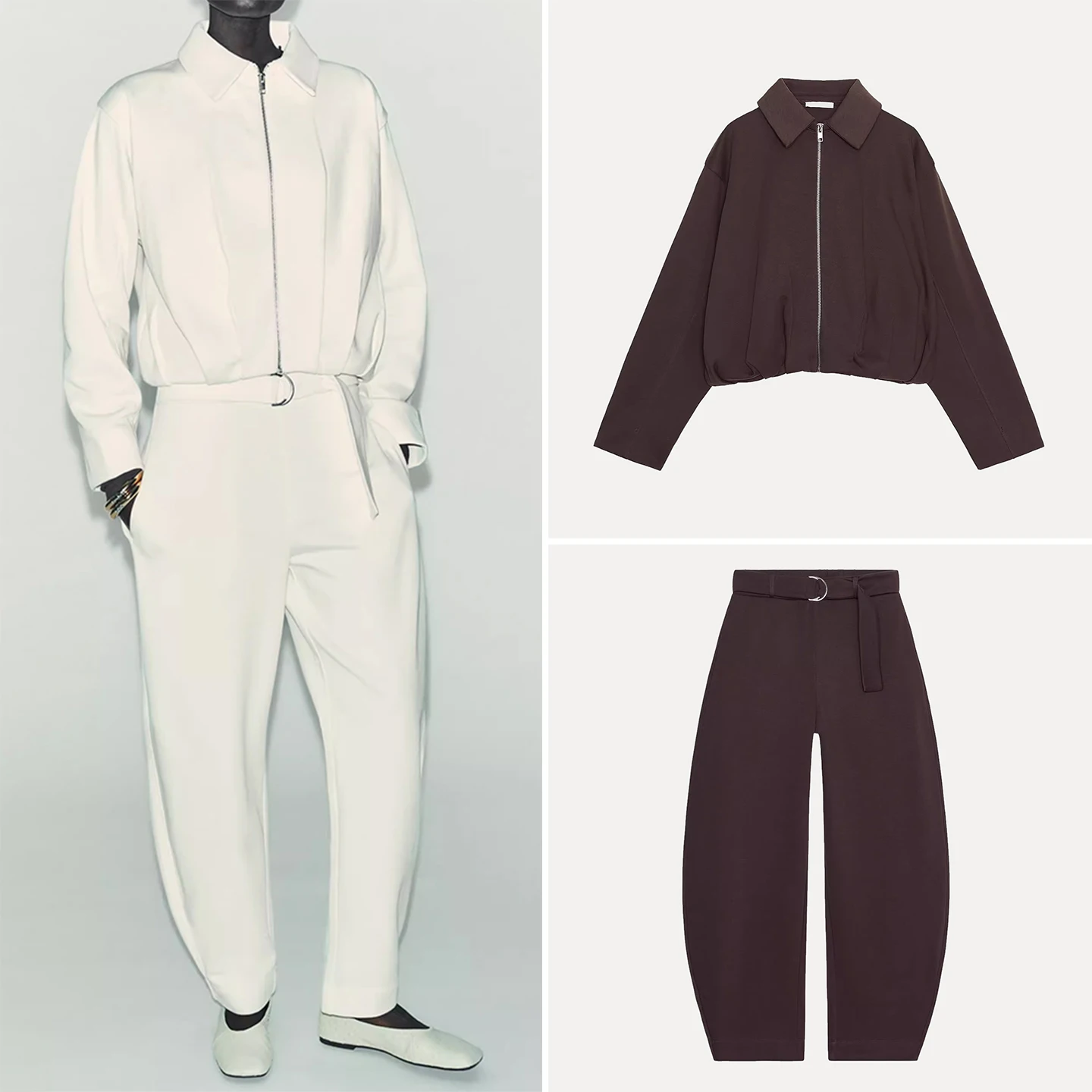 ชุดแฟชั่นฤดูใบไม้ร่วง 2025 เสื้อแจ็คเก็ตนักบินผู้หญิงพร้อมเข็มขัด กางเกงขายาวเอวสูง สีพื้น สไตล์ยุโรป สำหรับผู้ใหญ่