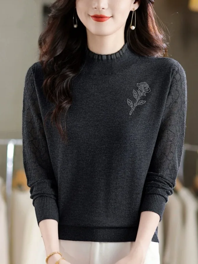 

Ele Lace Knitted Wool Sweater High Ne Base Layer Top for Women Soft Combed Cotton Polyester Blend Long Sve Crew Ne