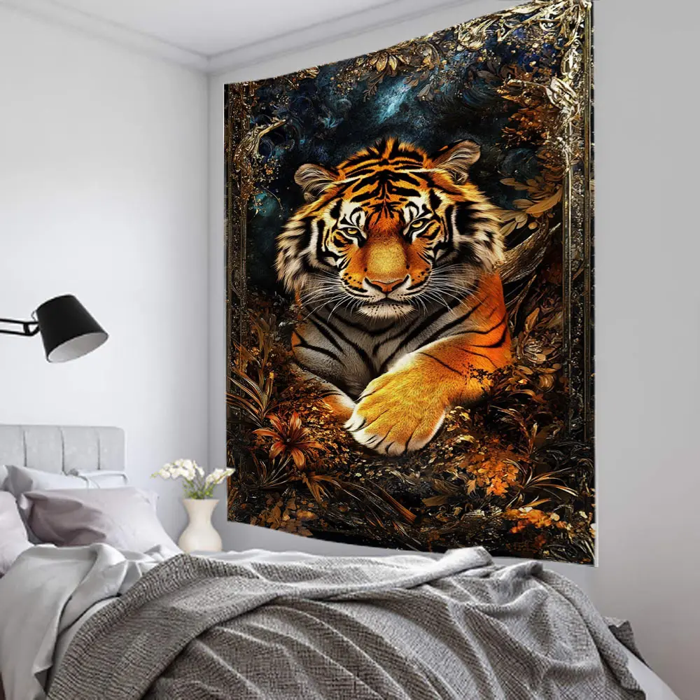 

Psychedelic and colorful tigers, lions, leopards, Bohemian style background decorations, tapestries, home decor
