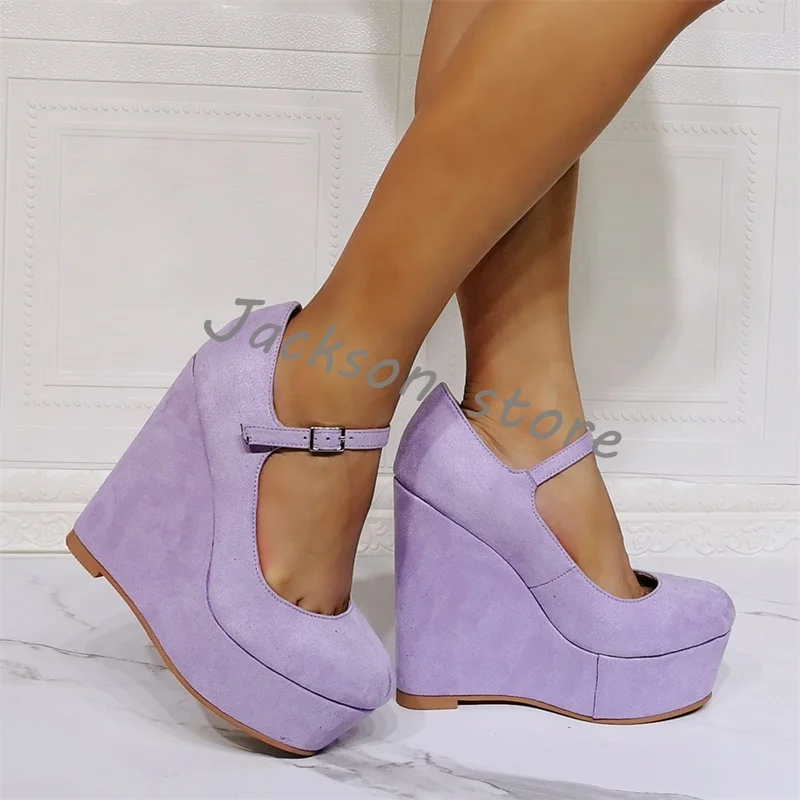 

Purple Wedge Mary Jane Shoes Women's Party Dress Shoes Concise Buckle Platform Thick Bottom High Heel Sandals Large Size