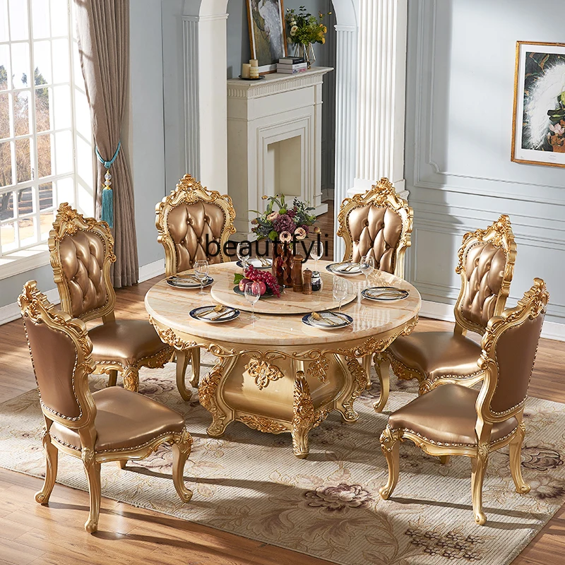 

European dining table and chair combination round eating table with turntable marble solid wood gold