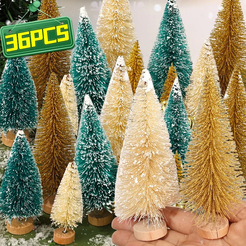 ミニチュア人工クリスマスツリー、ミニサイザル麻、雪の風景、クリスマスツリーの装飾、DIY卓上、フェスティバルパーティーの装飾、9 36個