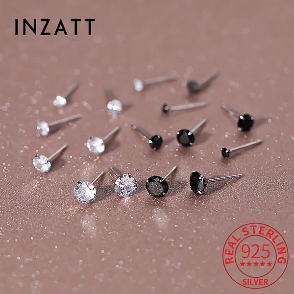 INZATT Real 925 Sterling Silver Round Zircon Mini Stud Earrings For Women Classic Fine Jewelry Ear Piercing Accessories