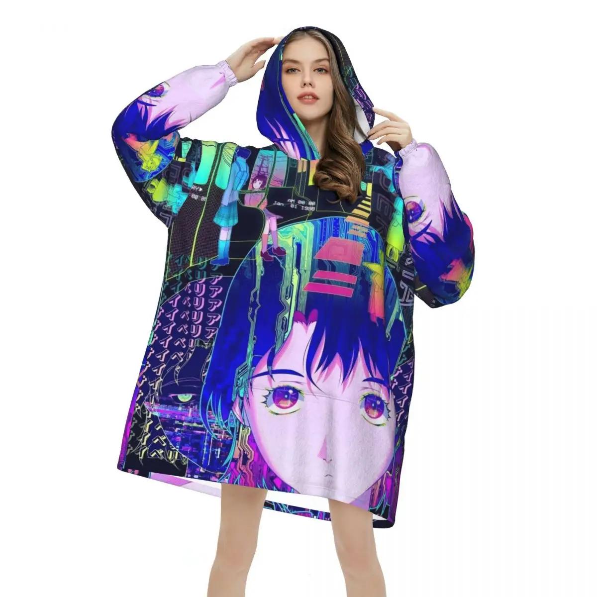 Serial Experiments Lain Lwakura Blanket Hoodie Wearable Blanket Large with Pocket Warm Sleeping Bag Soft Cozy Onesie