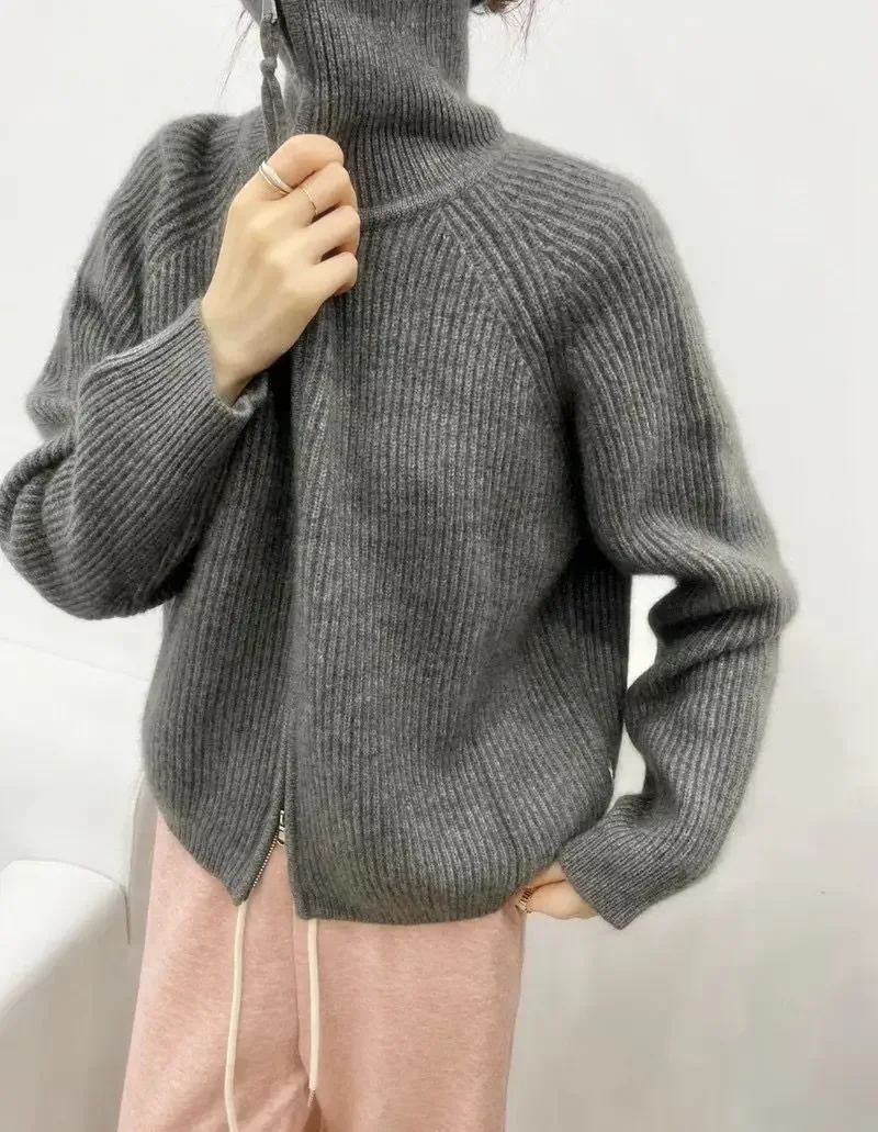 Women\'s 100% Pure Cashmere Cardigan Loose Turtleneck Sweater with Zipper