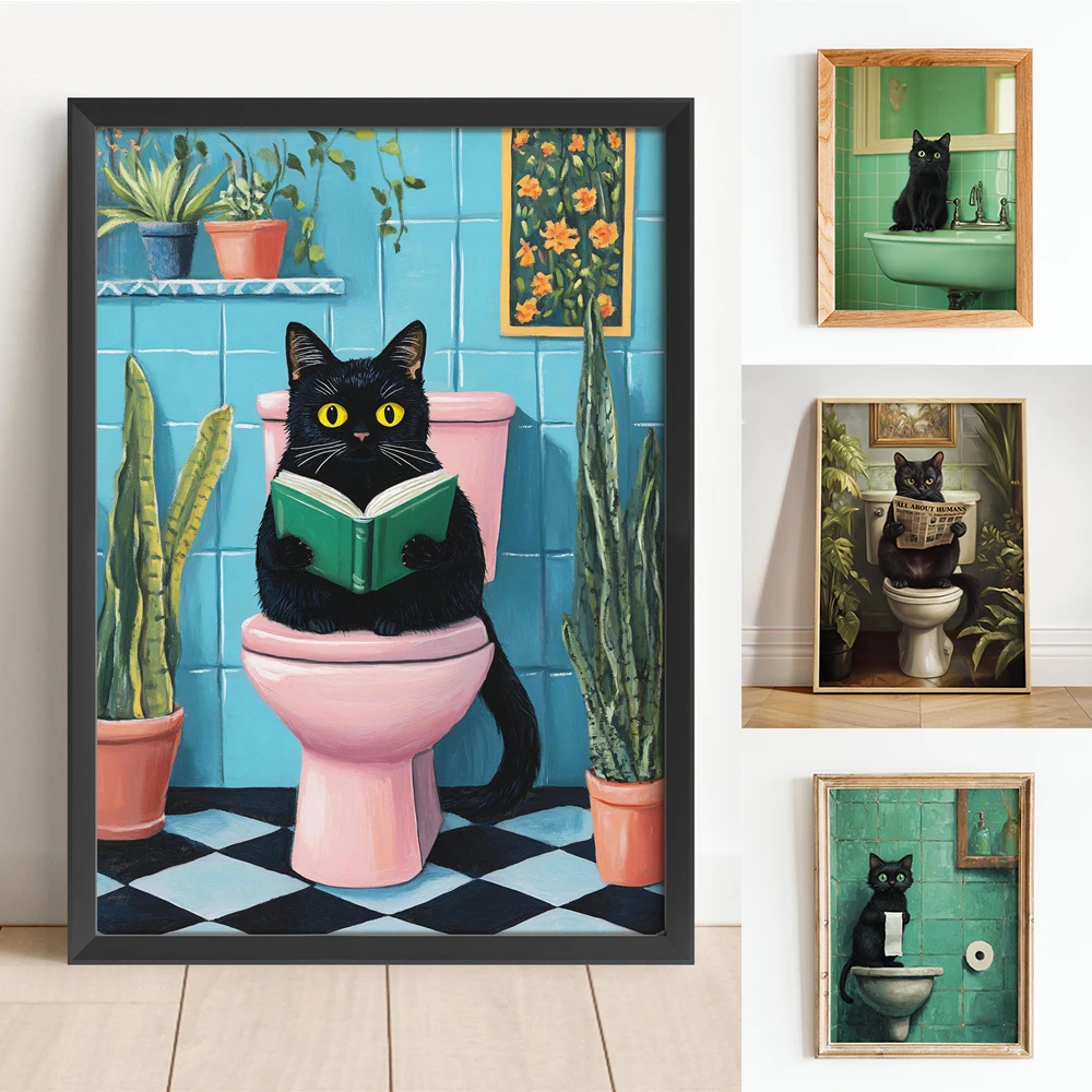 Черный кот Moody, домашний декор, забавный настенный художественный постер для ванной комнаты, забавный черный кот, принт для ванной комнаты, туалет, настенная живопись на холсте, постер Черный кот Moody, домашний декор, забавный настенный художественный постер для ванной комнаты, забавный черный кот, принт для ванной комнаты, туалет, настенная живопись на холсте, постер