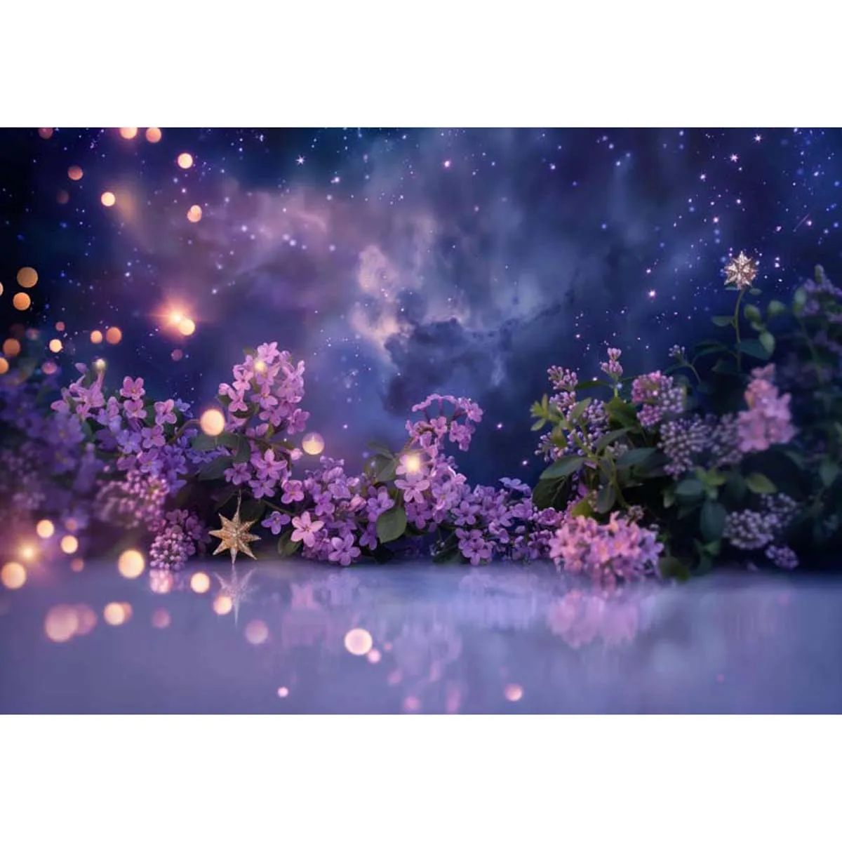 Allenjoy Dreamy Lilac Flowers Under Starry Night Sky Backdrop