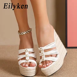 Eilyken Summer Fashion Pearl Platform Wedges Open Toe Slippers Women Narrow Band Grass Weave Slide Shoes