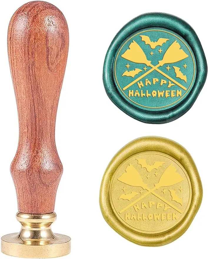 

1PC Happy Halloween Wax Seal Stamp Bat Sealing Wax Stamps Broom 25mm Retro Vintage Removable Brass Stamp Head with Handle