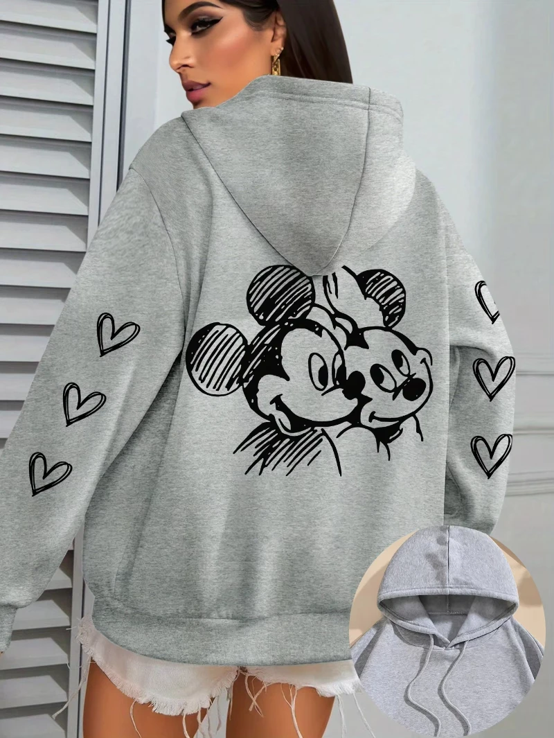 เสื้อฮู้ดดี้ผ้าฟลีซลายมินนี่มิกกี้เมาส์สำหรับผู้หญิงและผู้ชายจากดิสนีย์ เสื้อสเวตเชิ้ตแบบสวมหัวสำหรับฤดูใบไม้ร่วงและฤดูหนาว เสื้อโค้ทโอเวอร์ไซส์