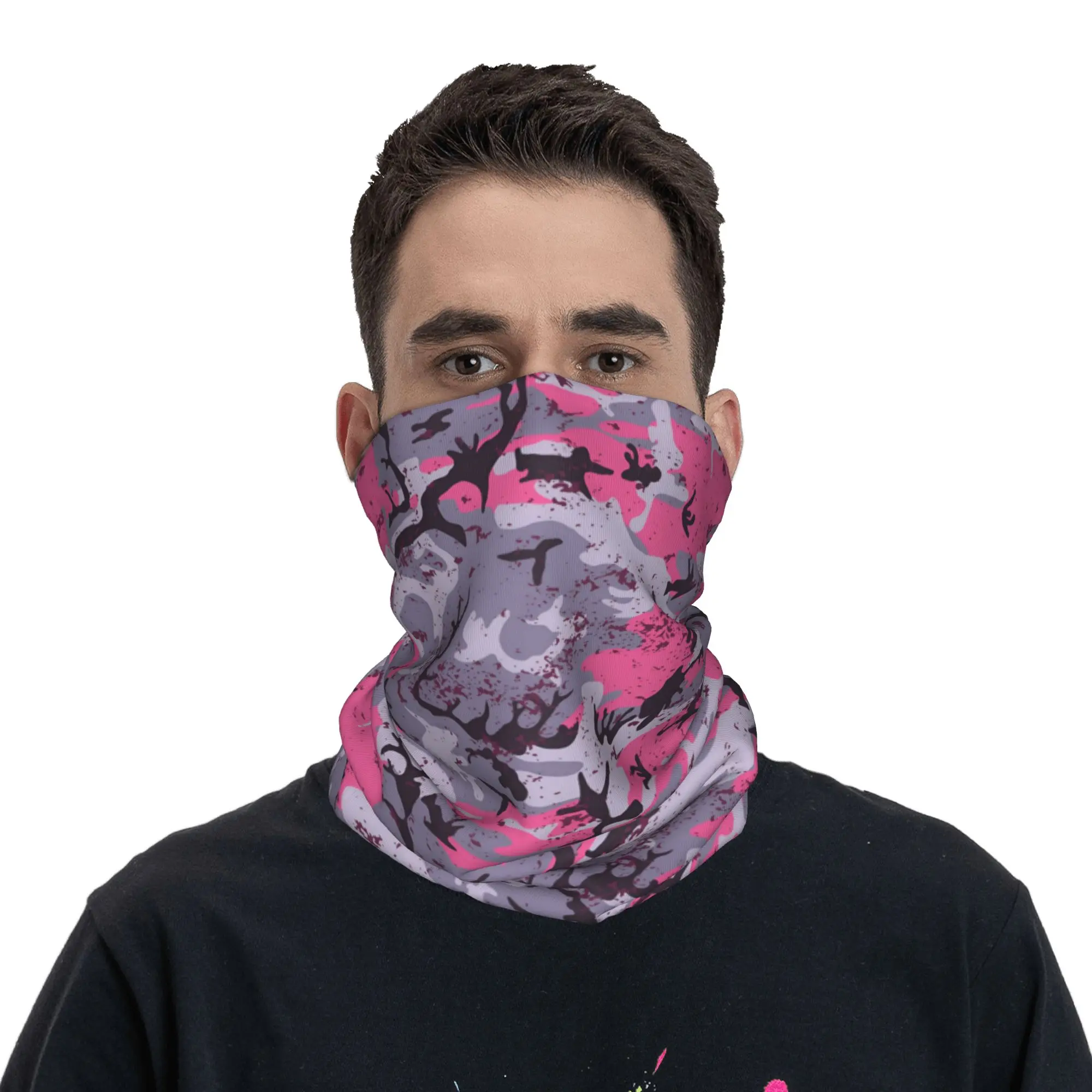 

Modern Pink Camouflage Bandana Neck Gaiter Windproof Face Scarf Cover Women Men Headband Tube Balaclava