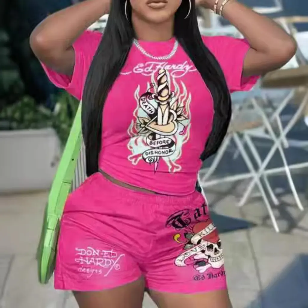 

Women's European And American Style Independent Station Printed Two-Piece Set Short-Sleeved Sports Shorts Casual Outfit