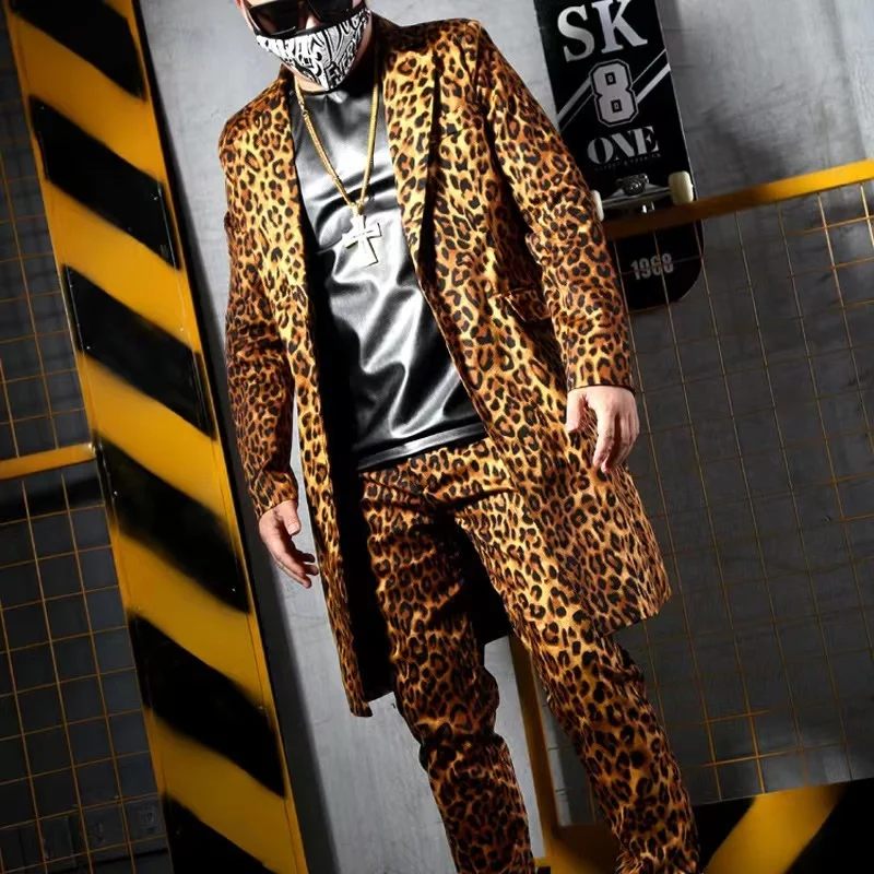 Men Fashion Leopard Printing Long Blazers Coats Pants Suits Bar Nightclub Singer Stage Outfit Hip Hop Rock Costumes Size S-6XL